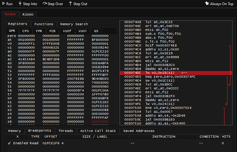 PCSX2 debugger with a breakpoint set for troubleshooting